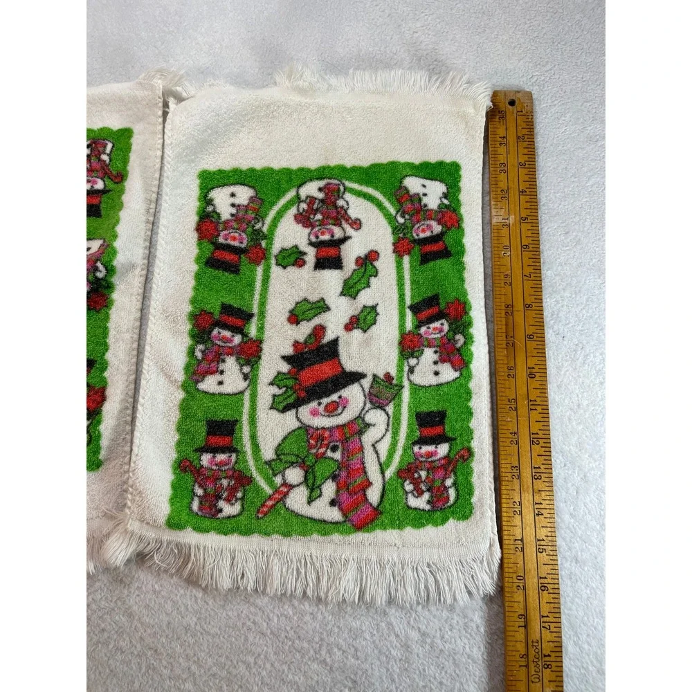 Vintage Royal Terry Snowman Christmas Hand Towels Set of 2 Green White Fringe
